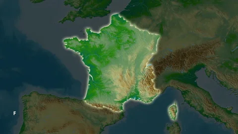 France map - solid. Glow. Physical. Labels Stock Footage 221025190