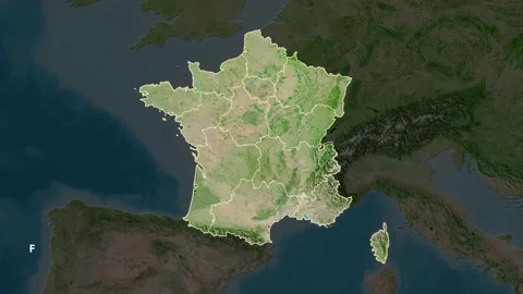 France map - solid. Regions. Satellite. Labels Stock Footage 176974439