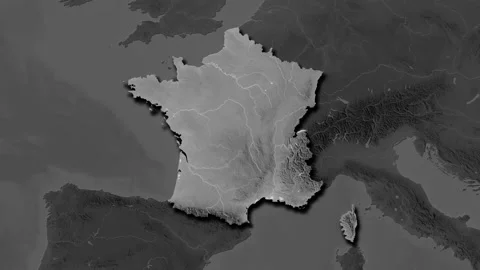 France map - solid. Shadow. Grayscale. Labels Stock Footage 176974872
