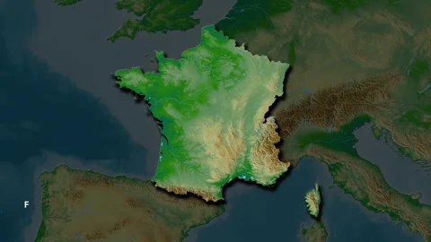 France map - solid. Shadow. Physical. Labels Stock Footage 321341546