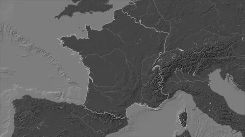 France outlined on a Bilevel elevation map with lakes and rivers Stock-Illustration