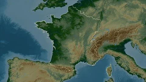 France outlined on a Colored elevation map with lakes and rivers Stock-Illustration