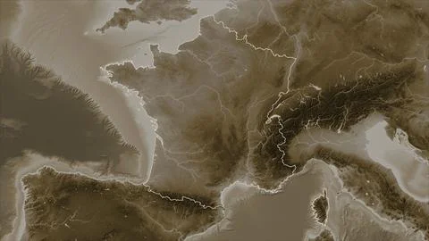 France outlined on a elevation map colored in sepia tones with lakes and rive Stock-Illustration