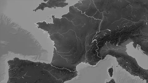 France outlined on a Grayscale elevation map with lakes and rivers Stock-Illustration