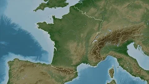 France outlined on a Pale colored elevation map with lakes and rivers イラスト素材