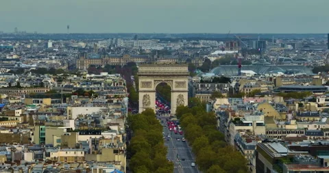 France, Paris Arc de Triomphe in Champs Elysees at sunset. Aerial view Stock Footage 256686680