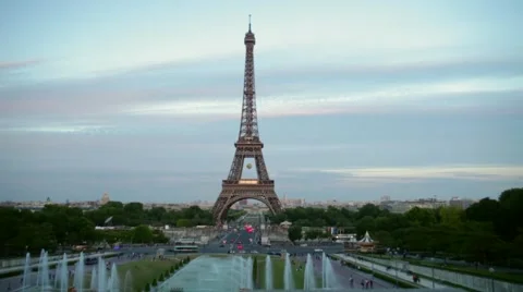FRANCE, PARIS: Eiffel Tower and fountain at sunset, time-lapse Stock Footage 63033522