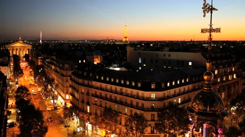 France Paris Eiffel tower sunset rooftop skyline illuminated building Stock Footage 47100873