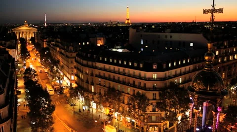 France Paris Eiffel tower sunset rooftop skyline illuminated building Stock Footage 47102373