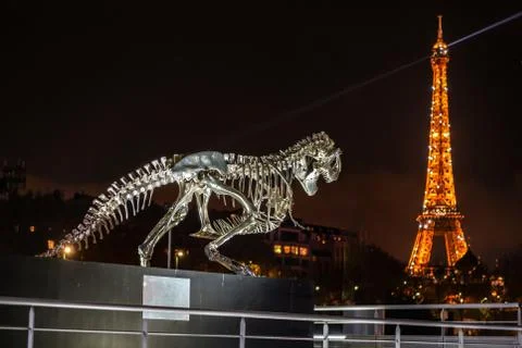 France, Paris, November 17, 2019. Sculpture "T-Rex" on the banks of the Seine Stock Photos