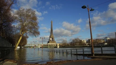 France, Paris, river Seine in flood Stock Footage