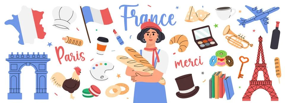 France set. Hand drawn elements for vacation card or print postcard. French Stock Illustration