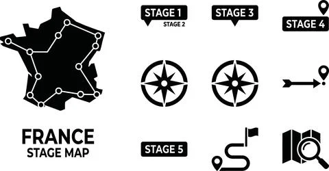 France stage map and navigation icons for cycling route and travel planning. Stock Illustration