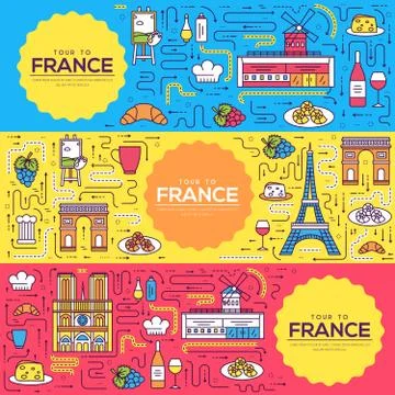 France vector brochure cards thin line set. Country monument, travel template of Stock Illustration