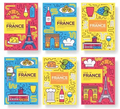 France vector brochure cards thin line set. Country monument, travel template of Illustrazione stock