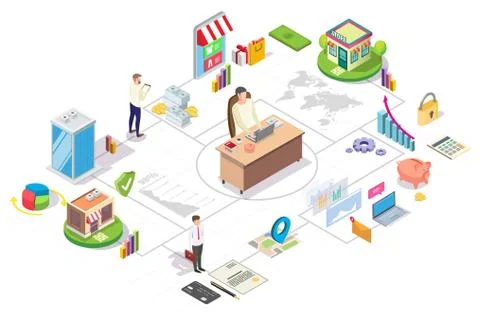 Franchise business isometric flowchart, flat vector illustration. Chain store Stock Illustration