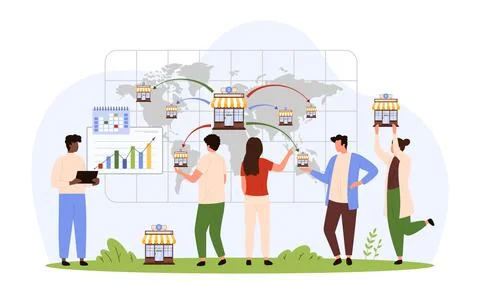 Franchise, global expansion development of corporate company of tiny people Illustrazione stock