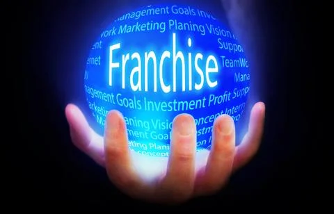 Franchise globe in hand blue,concept background isolated black business Stock Illustration