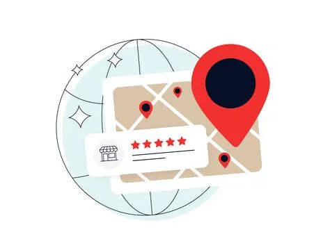 Franchise location analytics with global map and local customer ratings improves Stock Illustration