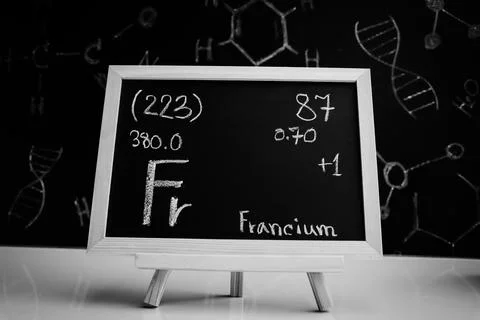 Francium and symbol structural formula chemical on the blackboard Stockfoto's