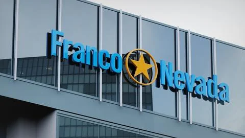 Franco Nevada Stock data presented on the logo of the office facade editorial Stock Photos