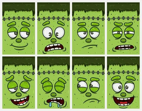 Frankenstein Cartoon Expression Set. Cover, Label and Packaging Design Set. Stock Illustration