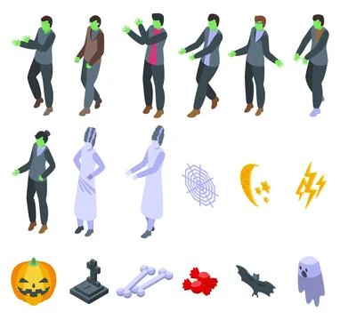 Frankenstein icons set isometric vector. Face monster イラスト素材