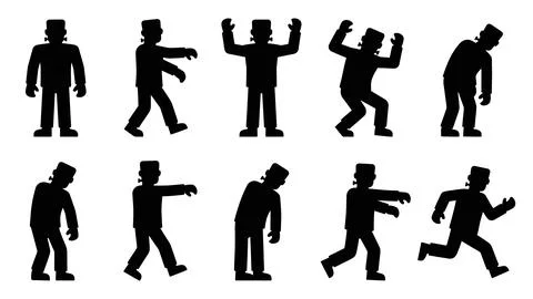 Frankenstein monster character silhouettes in various poses and movements Stock Illustration
