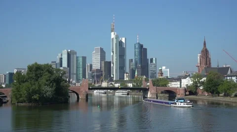 Frankfurt am main skyline and river boat Stock Footage
