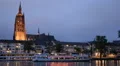 Frankfurt Cathedral Skyline Dusk Night Illuminated Evening Main River Germany HD Footage