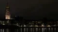 Frankfurt Cathedral Skyline Night Lights Illuminated Evening Establishing Shot HD Footage