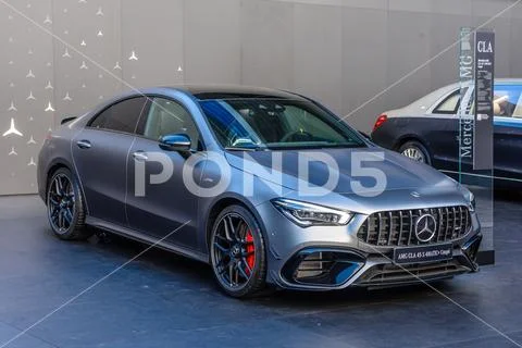 FRANKFURT, GERMANY - SEPT 2019: silver MERCEDES-BENZ AMG CLA 45 S 4MATIC coup Stock Photos