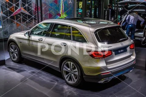 FRANKFURT, GERMANY - SEPT 2019: silver gray MERCEDES-BENZ GLC 300 e SUV, IAA Stock Photos