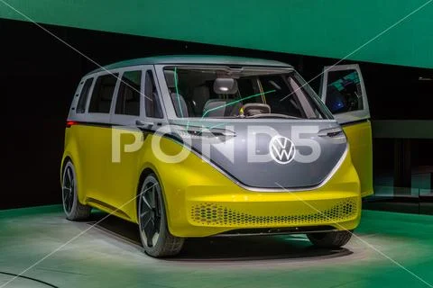 FRANKFURT, GERMANY - SEPT 2019: yellow gray VOLKSWAGEN VW I.D. BUZZ or VW Ele Stock Photos
