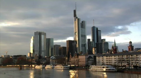 Frankfurt Germany Skyline birds crossing Stock Footage