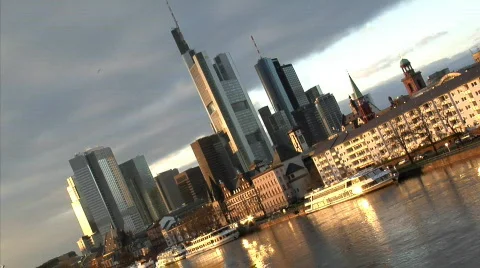 Frankfurt Germany Skyline pan quick zoom in Stock Footage
