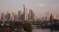 Frankfurt Main River Skyline Aerial View Establishing Shot Sunset Sunrise Light HD Footage