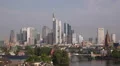Frankfurt Skyline Aerial View Morning Commuter Car Passing Bridge Main River Day HD Footage