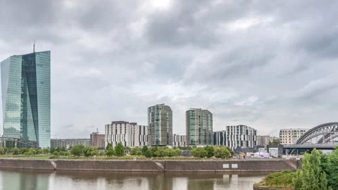 Frankfurt skyline featuring the modern ECB headquarters skyscraper timelapse Stock Footage 302358023