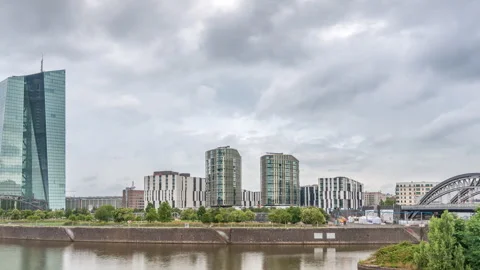 Frankfurt skyline featuring the modern ECB headquarters skyscraper timelapse Stock Footage 308526311