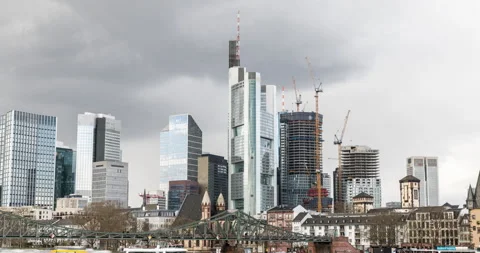 Frankfurt skyline hyper lapse on a cloudy day. Iconic view of skyscrapers. Stock Footage 244707675