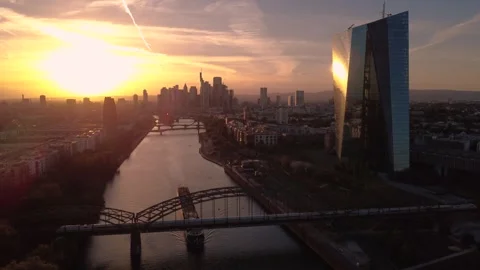 Frankfurt Skyline at Sunset with Train, River Cruise Ship and ECB Stock-Footage 346765853