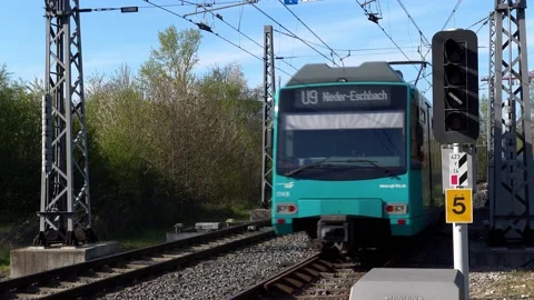 Frankfurt underground train/ metro "U-Bahn" line U9 departing from station Stock Footage 153209865
