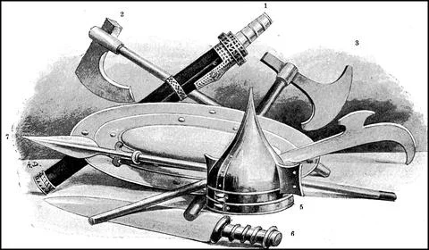 Frankish weapons sword found in the tomb of King Childerich at Tournai battle Stock Illustration