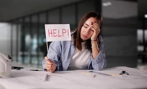 Frantic Architect Raises Help Flag Under Overload In Office Setting Stockfoto's