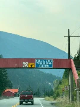 Fraser Canyon BC Hell's Gate turnaround road sign Фото