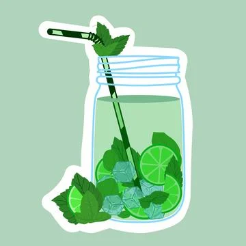 Frash lemonade with basil and mint, in glass bottle and jug. Infused water an Stock Illustration