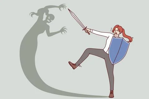 Frau kämpft mit eigenem Schatten, hält Schild und Schwert für Konzept der  Stock Photos
