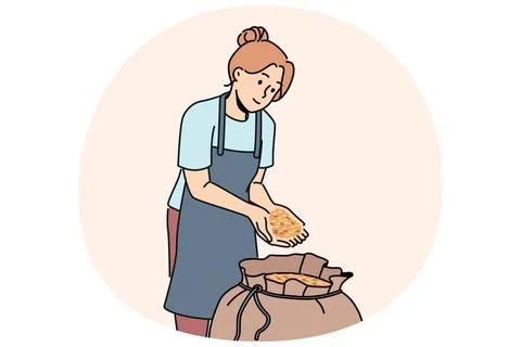 Frau steht neben einem Sack Malz für die Herstellung von Craft Beer und sa.. Stock Photos