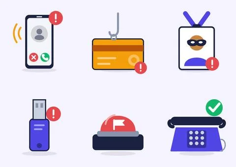 Fraud and cybersecurity icon set of six flat design vector illustrations with Stock Illustration